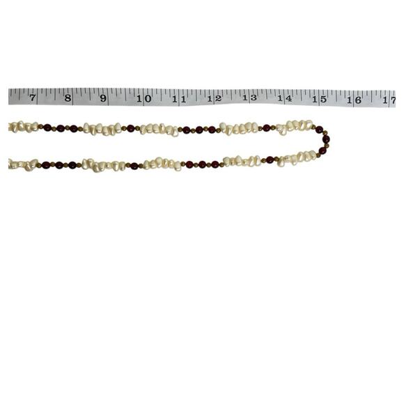 Continuous Beaded Necklace Faux Pearl Gold Tone Red Round Translucent Glass Boho - Picture 7 of 7